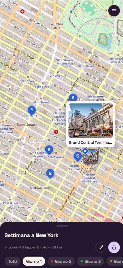 Mappa interattiva di un viaggio in anduma su smartphone, con le tappe del percorso